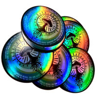 a group of circular holographaphic stickers with a mushroom design