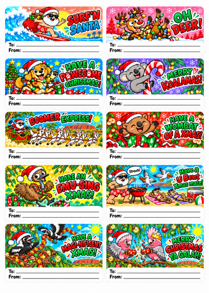 Ten Aussie Christmas gift label designs with blank To and From spaces, supplied as two identical A4 sheets
