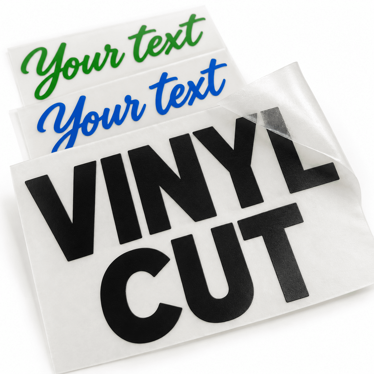 Custom vinyl lettering on transfer sheets in black, blue and green