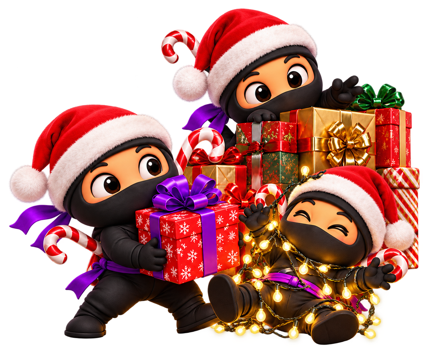 Christmas Ninjions wearing Santa hats with candy canes and gifts