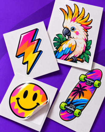 Colourful kiss cut stickers on individual rectangular backing cards