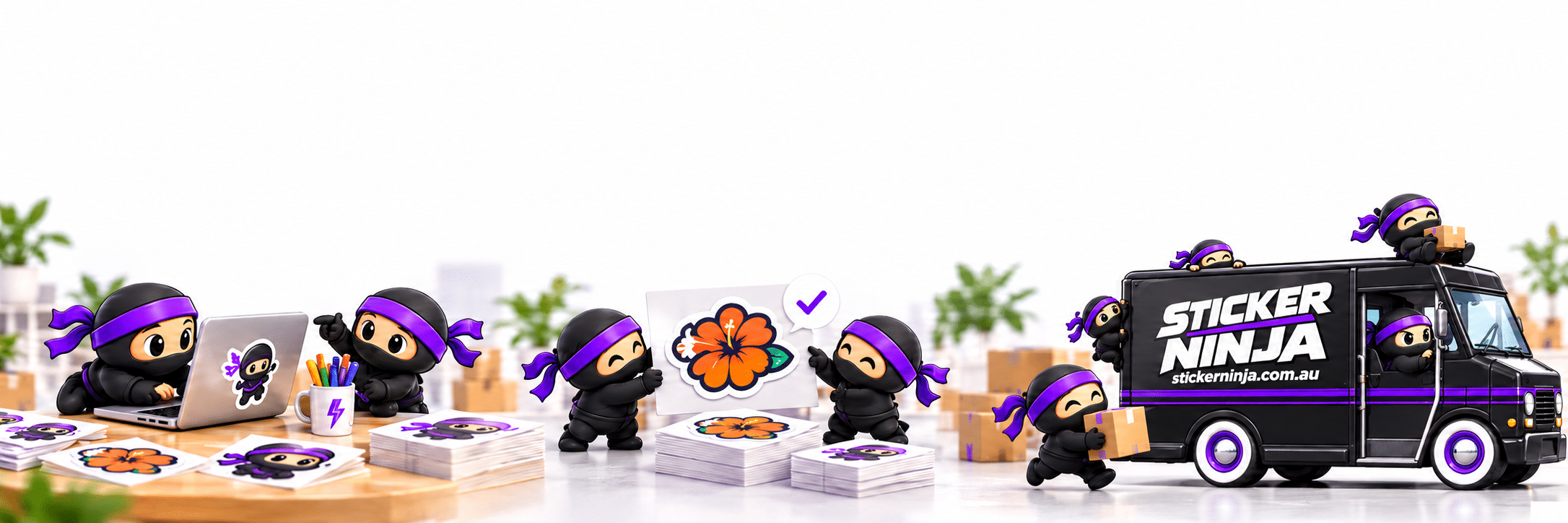 Ninjions help choose stickers, approve the artwork proof, then print and deliver orders in the Sticker Ninja van.